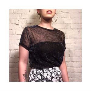 iridescent mesh sheer shirt sleeve top
